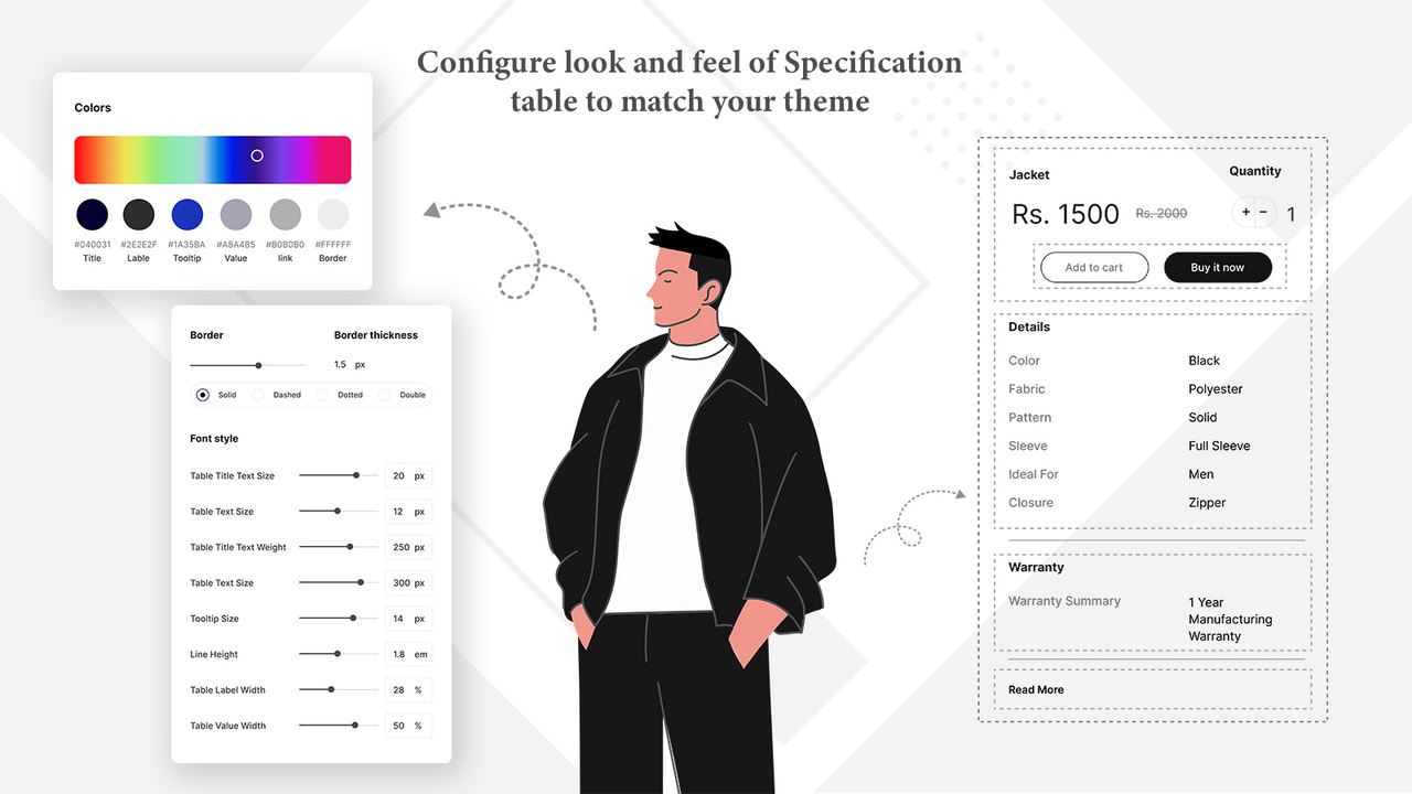 configurar apariencia de la tabla de especificaciones