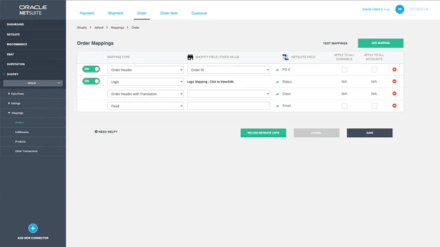 Map your Order fields between Shopify and NetSuite