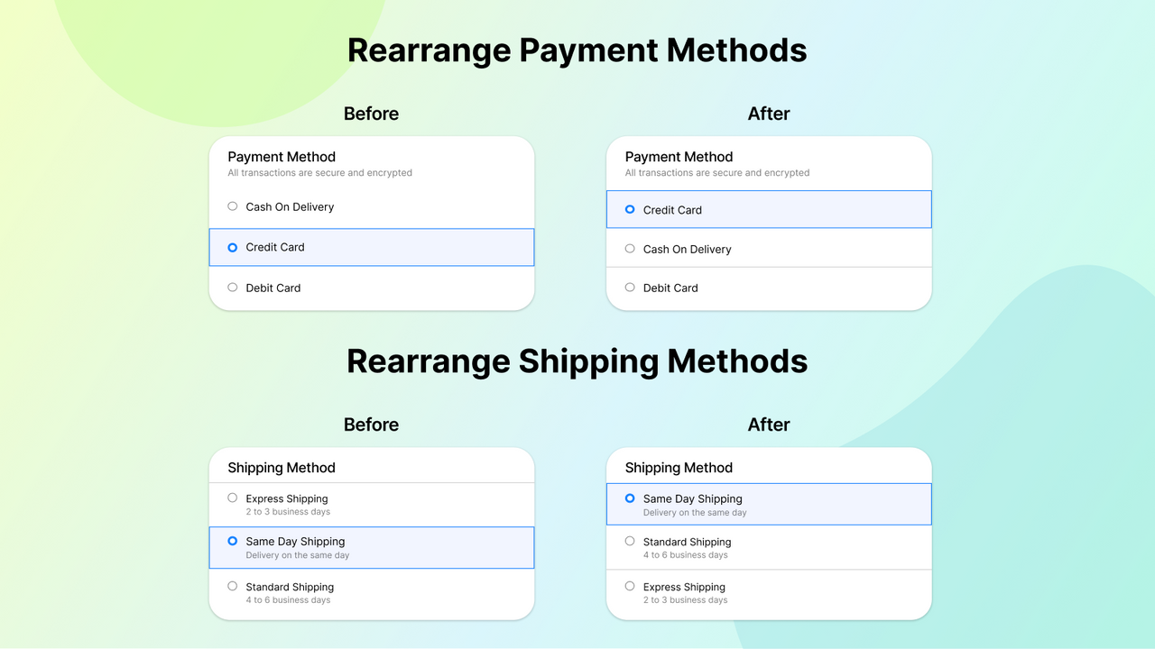 Réorganisez les méthodes d'expédition et de paiement lors du paiement Shopify