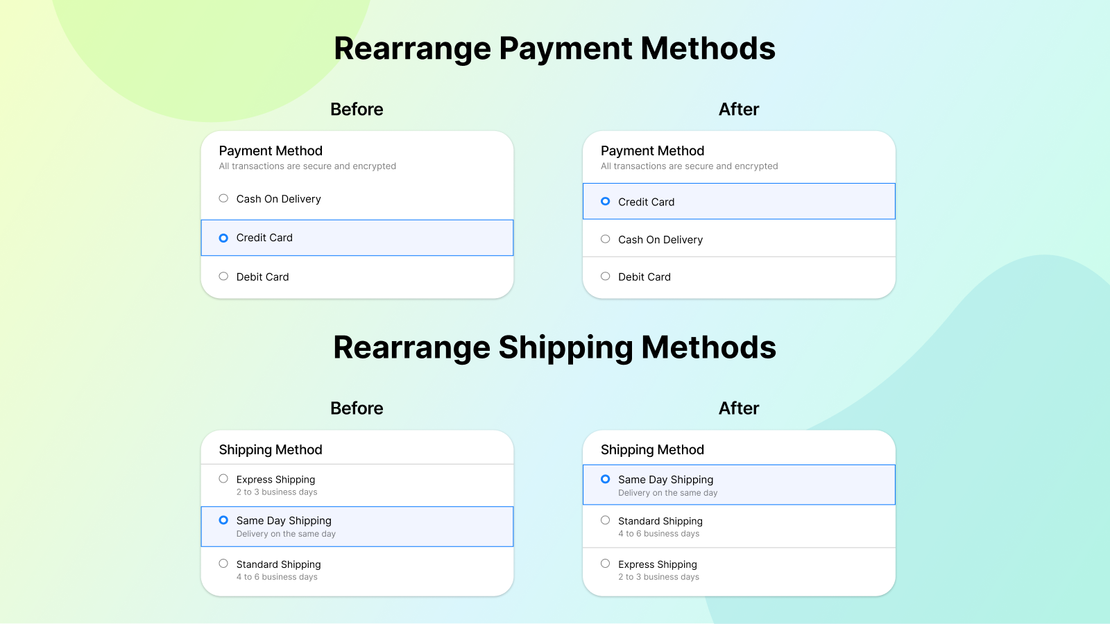 Rearrange shipping and payment methods in the Shopify checkout