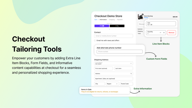 Add line item blocks, custom fields & content blocks in checkout