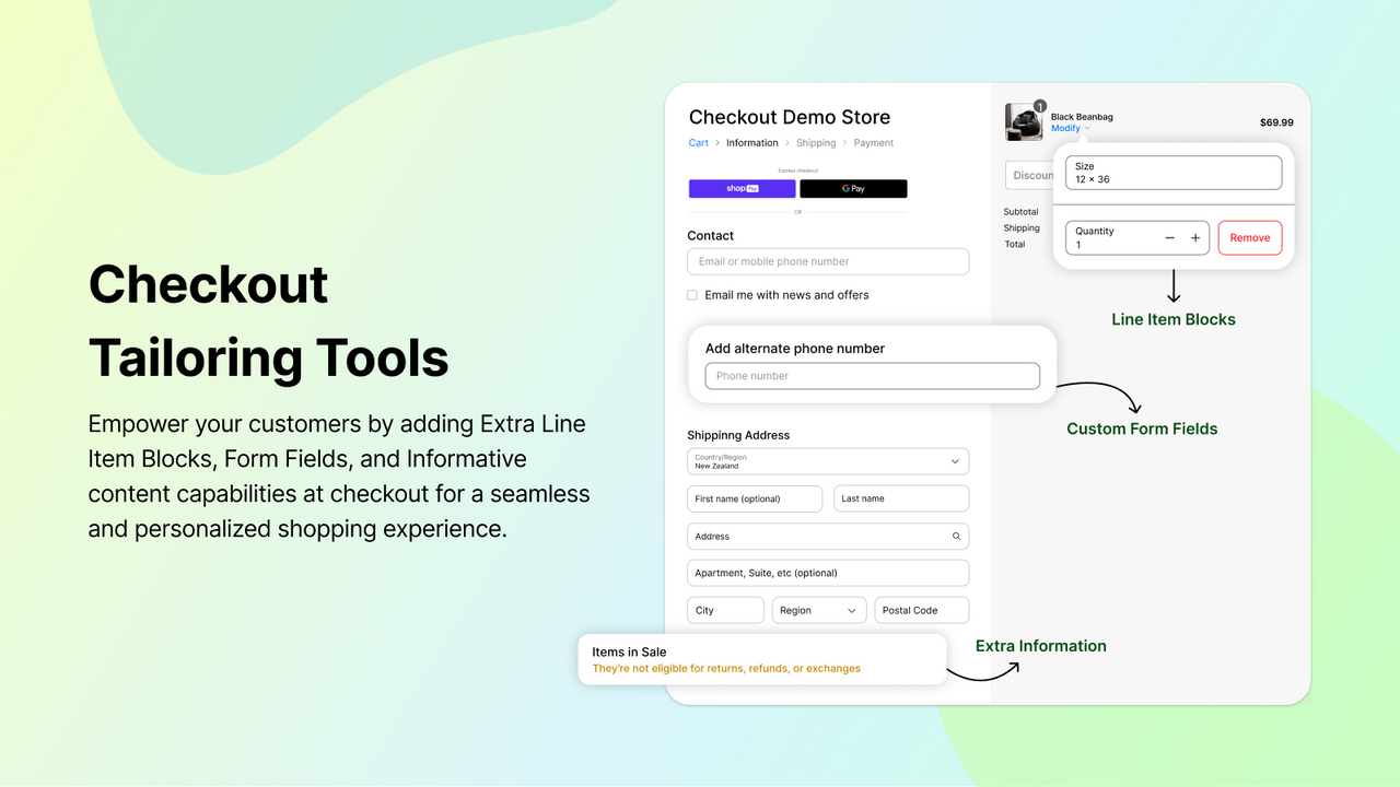 Add line item blocks, custom fields & content blocks in checkout