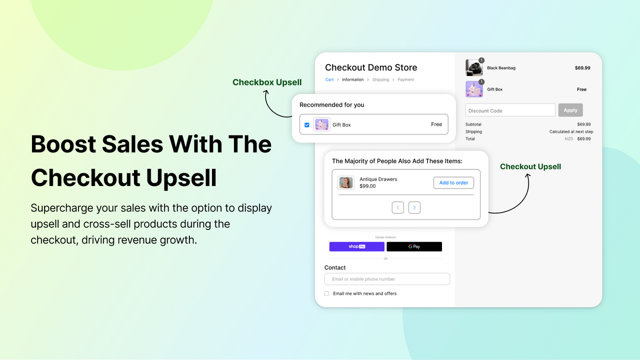 Gebruik shopify functies om afreken & checkbox upsell te tonen