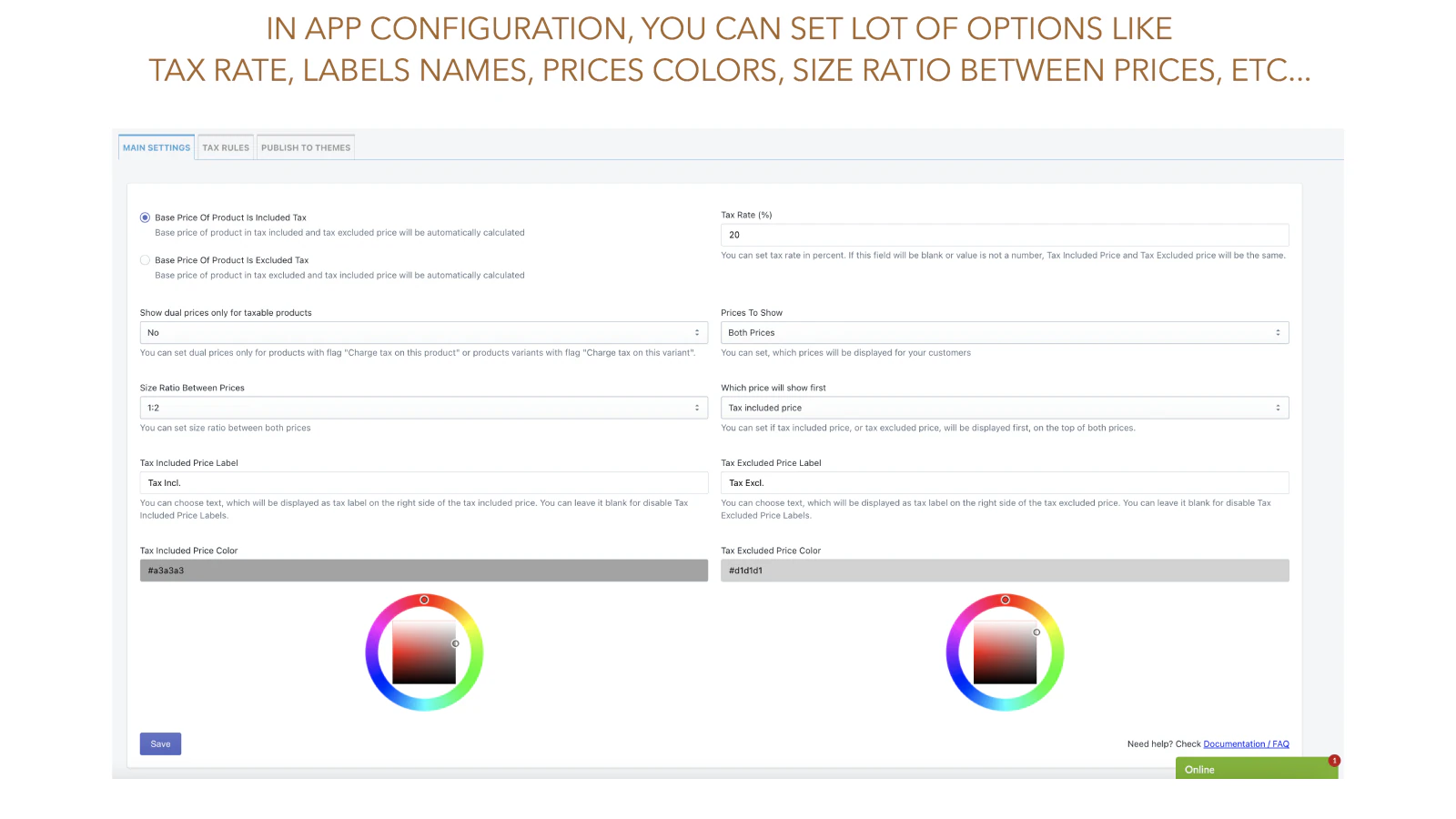 App configuration to set tax rate (%), vat labels, etc...