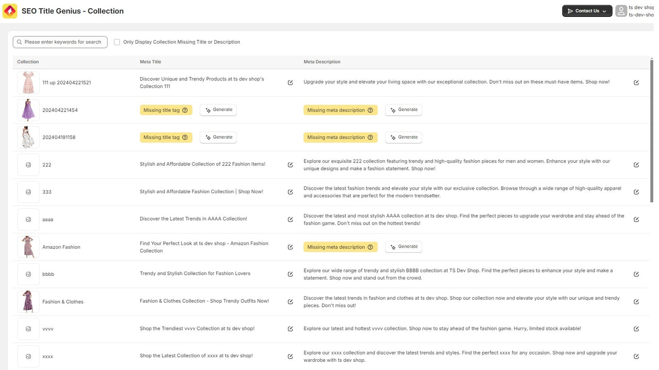 IA genera título seo y descripción meta para colecciones