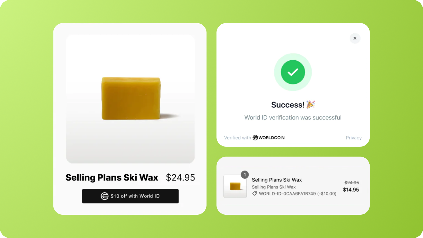 World ID Discounts button, success, and discount in cart