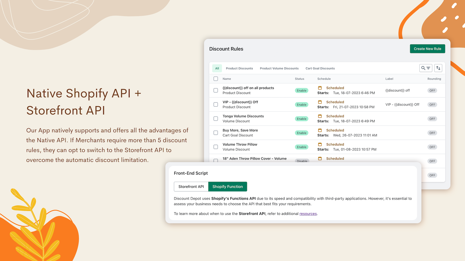 Native Shopify API + Storefront API.