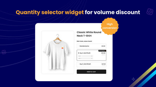 Selector de descuentos por cantidad mostrado en la página de producto de Shopify