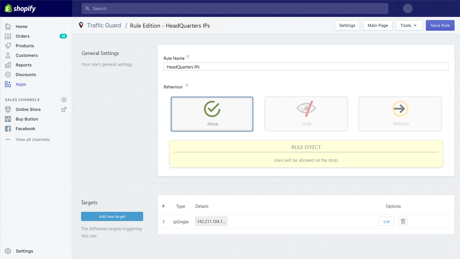 Captura de tela do Traffic Guard - Configuração de Regra