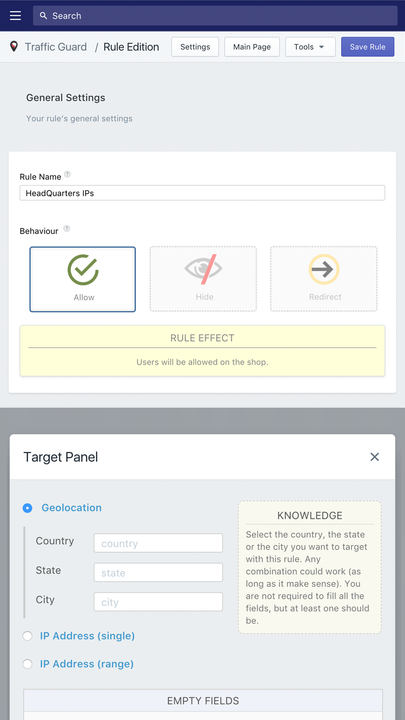 Captura de tela do Traffic Guard Mobile - Configuração de Regra