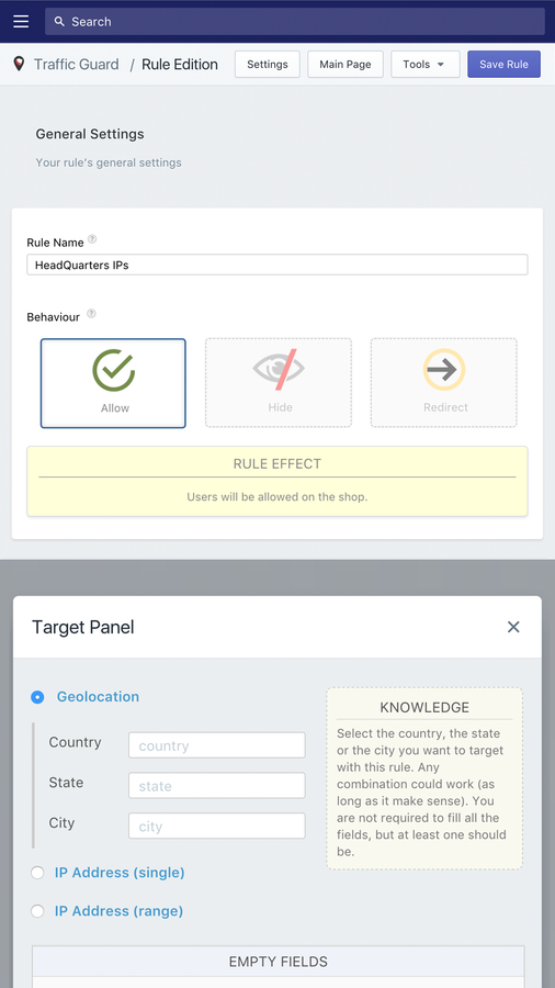 Capture d'écran mobile de Traffic Guard - Configuration des règles