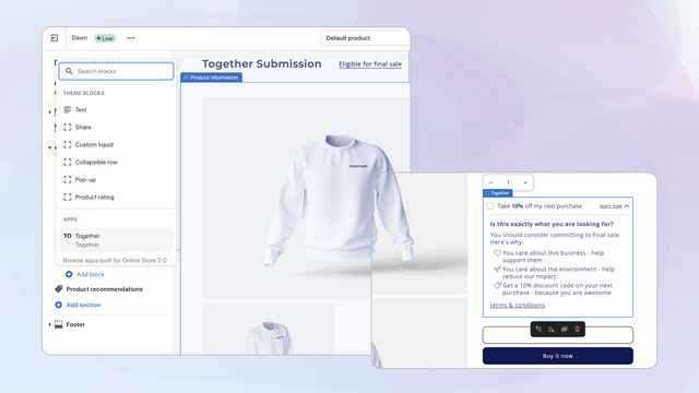 Storefront widget screenshot op paarse achtergrond
