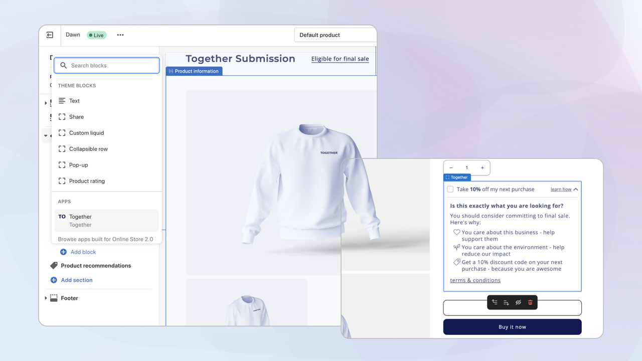 Storefront widget screenshot op paarse achtergrond