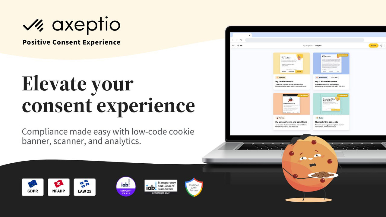 Experiência de consentimento GDPR com banner e notificação de cookies axeptio