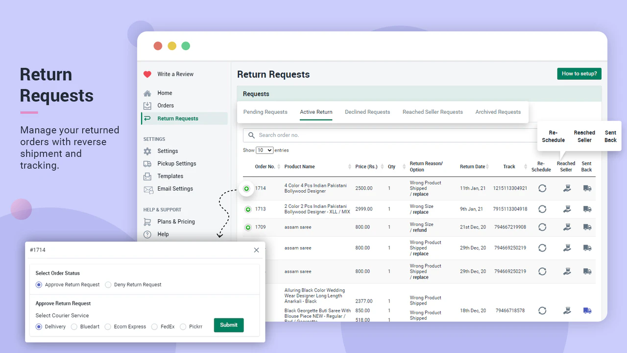 module de demande de retour avec toutes les fonctionnalités requises