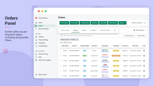 lista de pedidos com abas e filtros separados