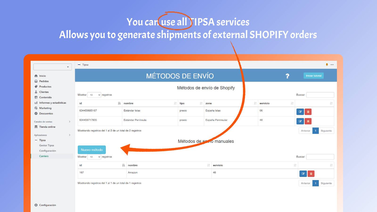 All TIPSA services. Generate external order shipments