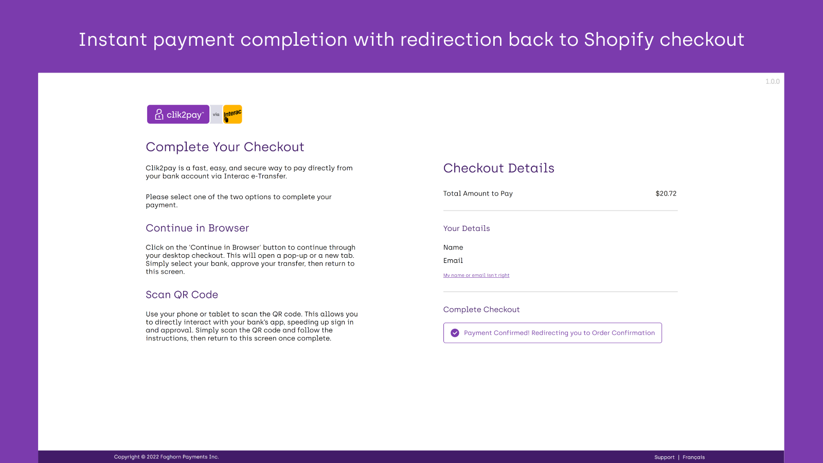Achèvement instantané du paiement avec redirection vers Shopify