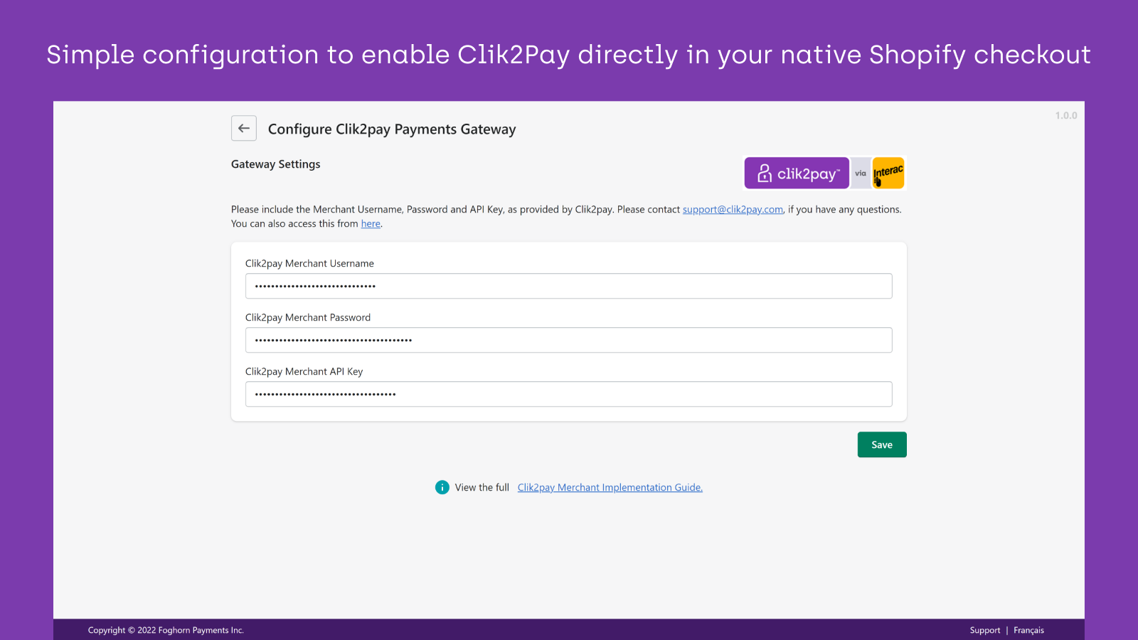 Configuração simples para habilitar Clik2Pay diretamente no Shopify