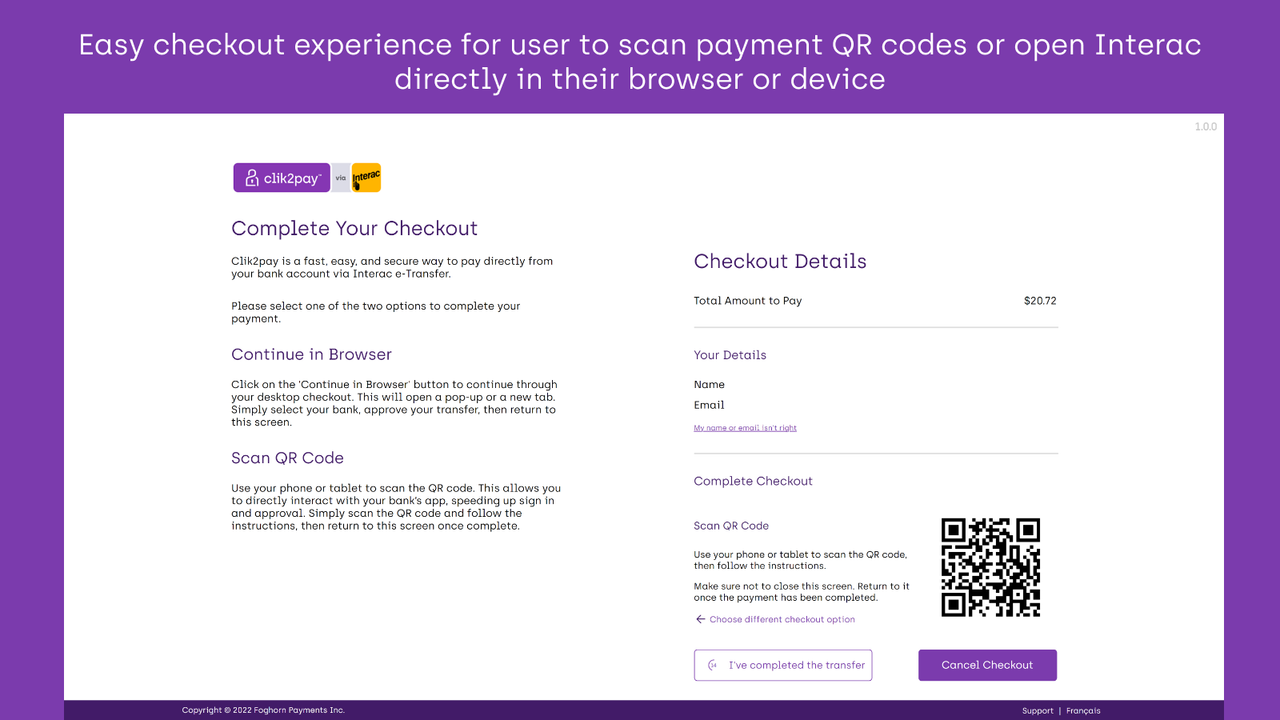 Experiência de checkout fácil para o usuário escanear códigos QR de pagamento