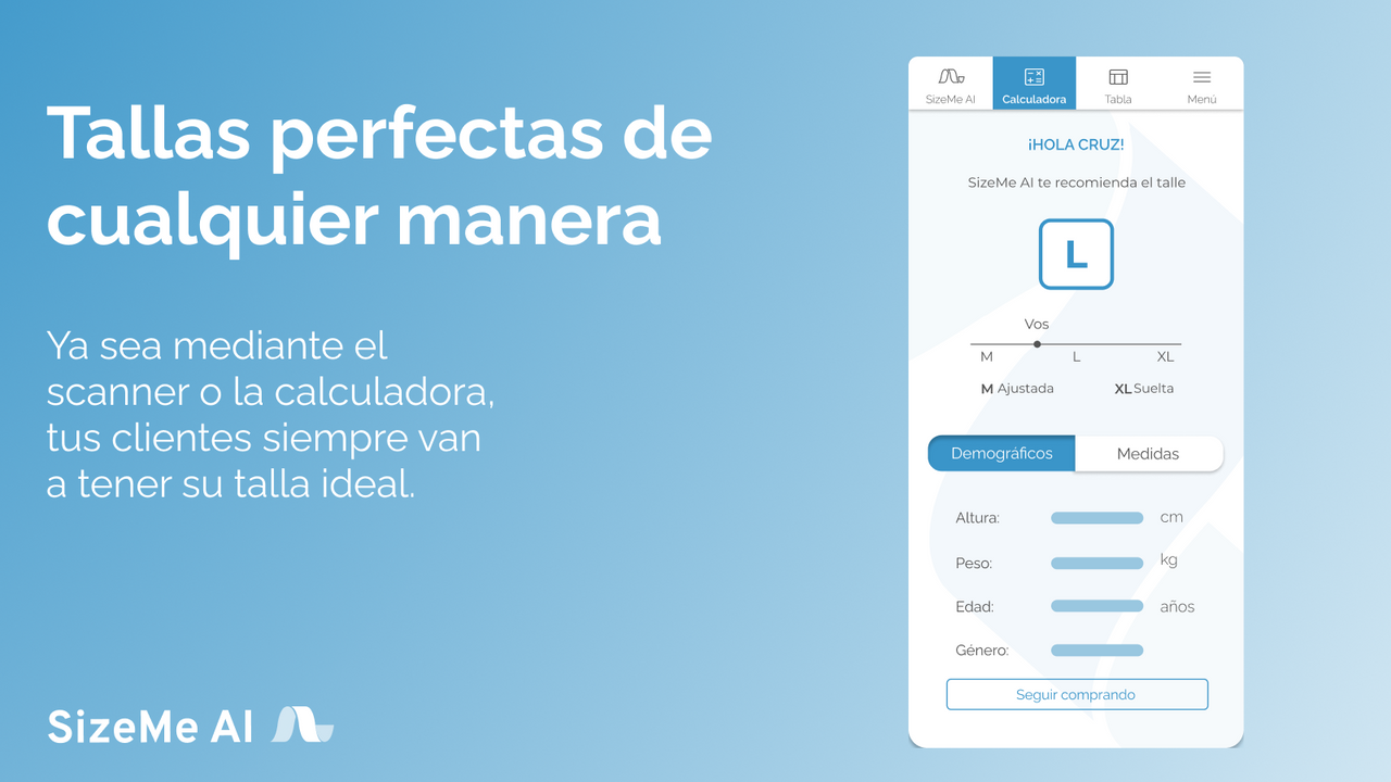 Calculadora de talla inteligente que recomienda talla L al user