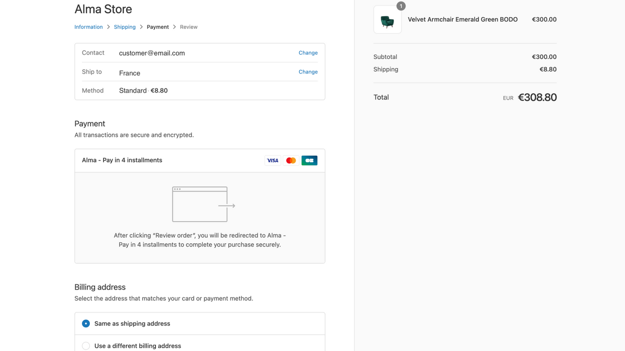 Alma payment method in Shopify checkout