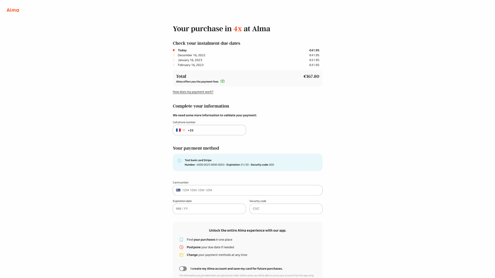 Page du checkout Alma