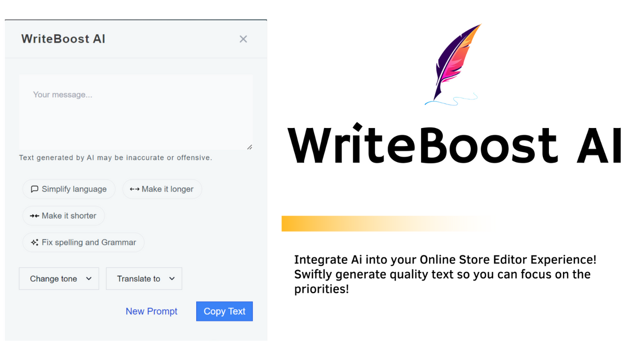 WriteBoost AI featured image. Integrate Ai into Store Editor!