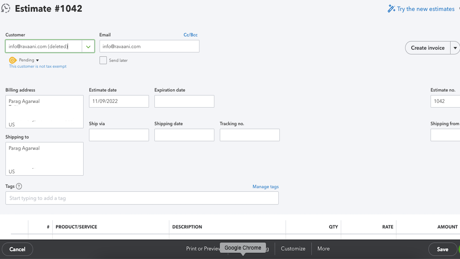 Estimate view