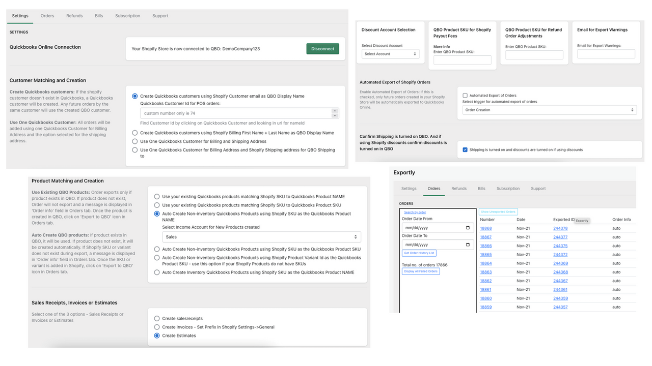 Configuraciones de Exportly y página de Pedidos