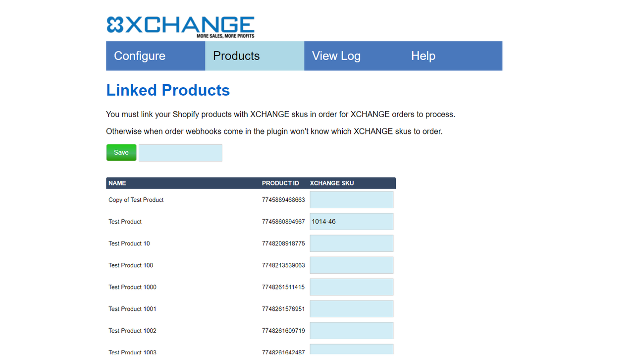 Página de produtos onde você conecta seus produtos XCHANGE