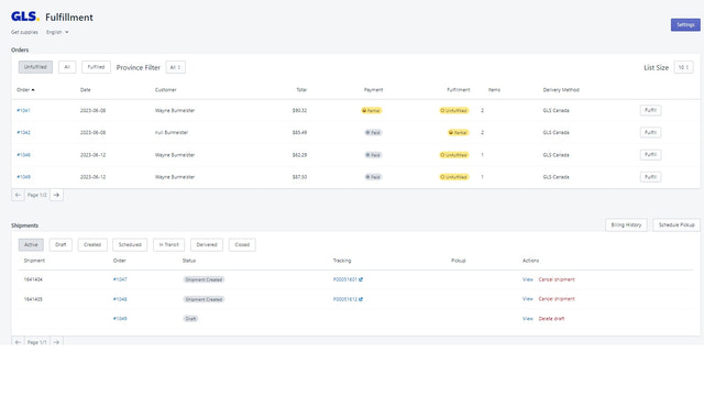 Main Screen, list of orders and list of shipments