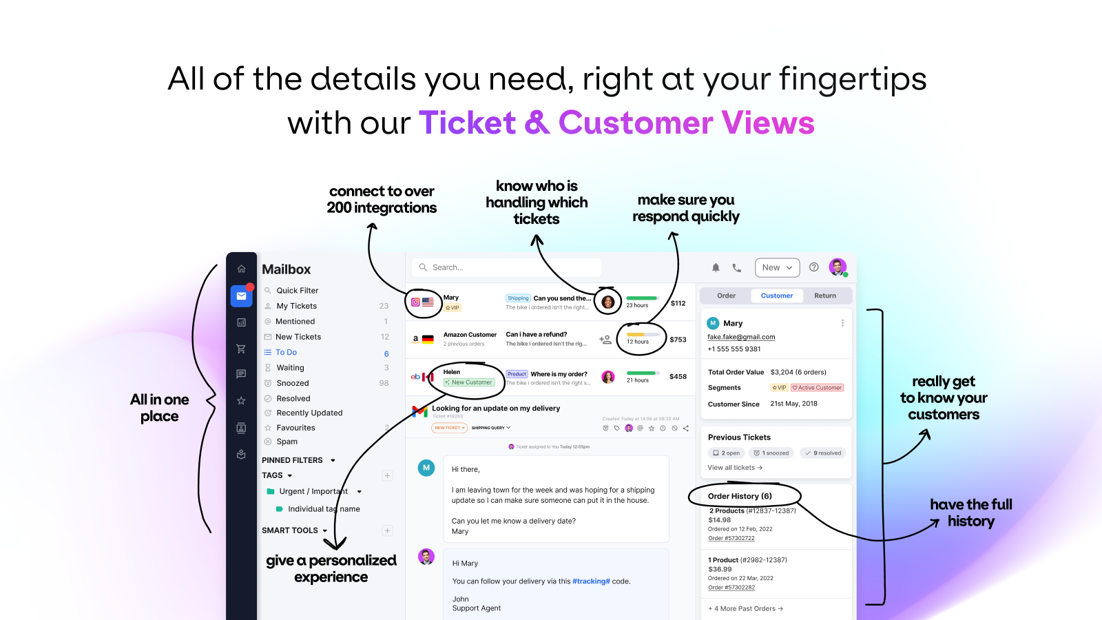 Todos os detalhes de que você precisa com nossos Tickets e Visualizações de Clientes