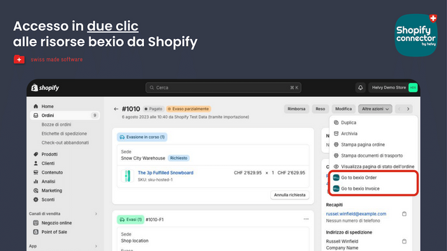 Accesso in due clic  alle risorse bexio da Shopify