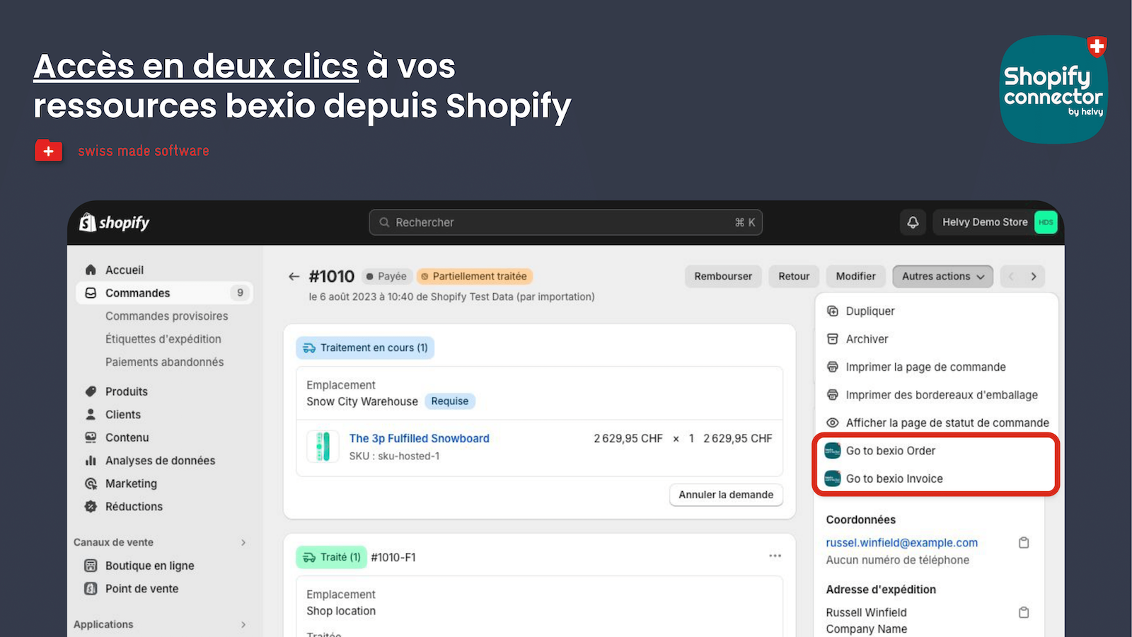 Accès en deux clics à vos ressources bexio depuis Shopify