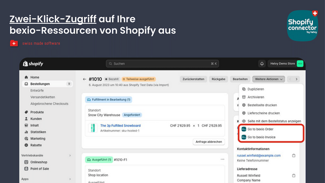 Zwei-Klick-Zugriff auf Ihre bexio-Ressourcen von Shopify aus