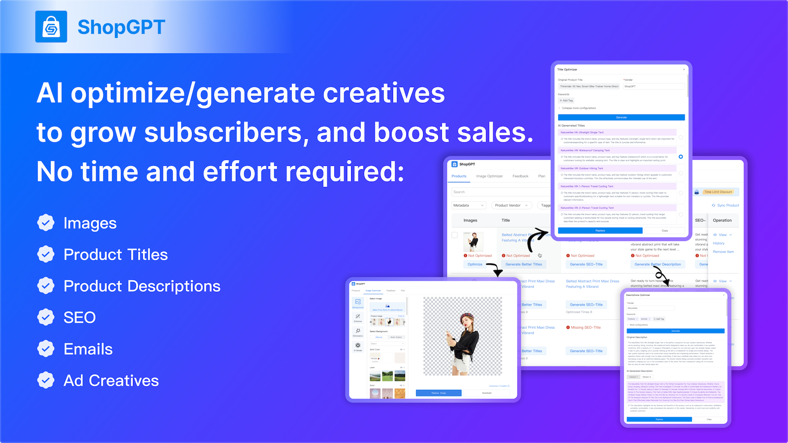 ShopGPT helps you optimize/generate creatives in a breeze!