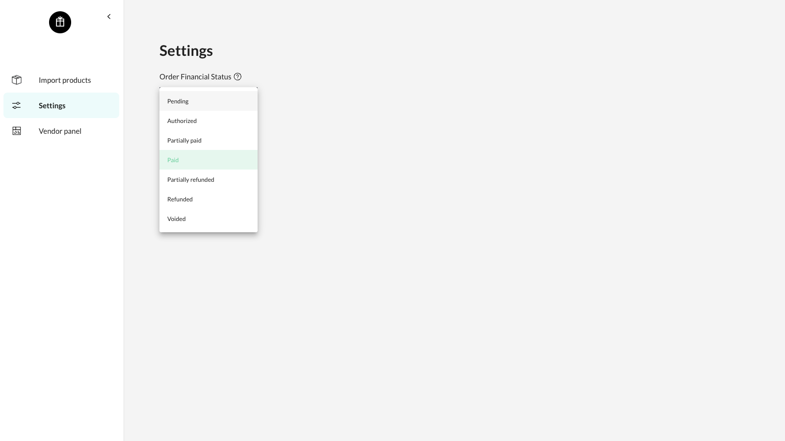 Desplegable de configuración expandido