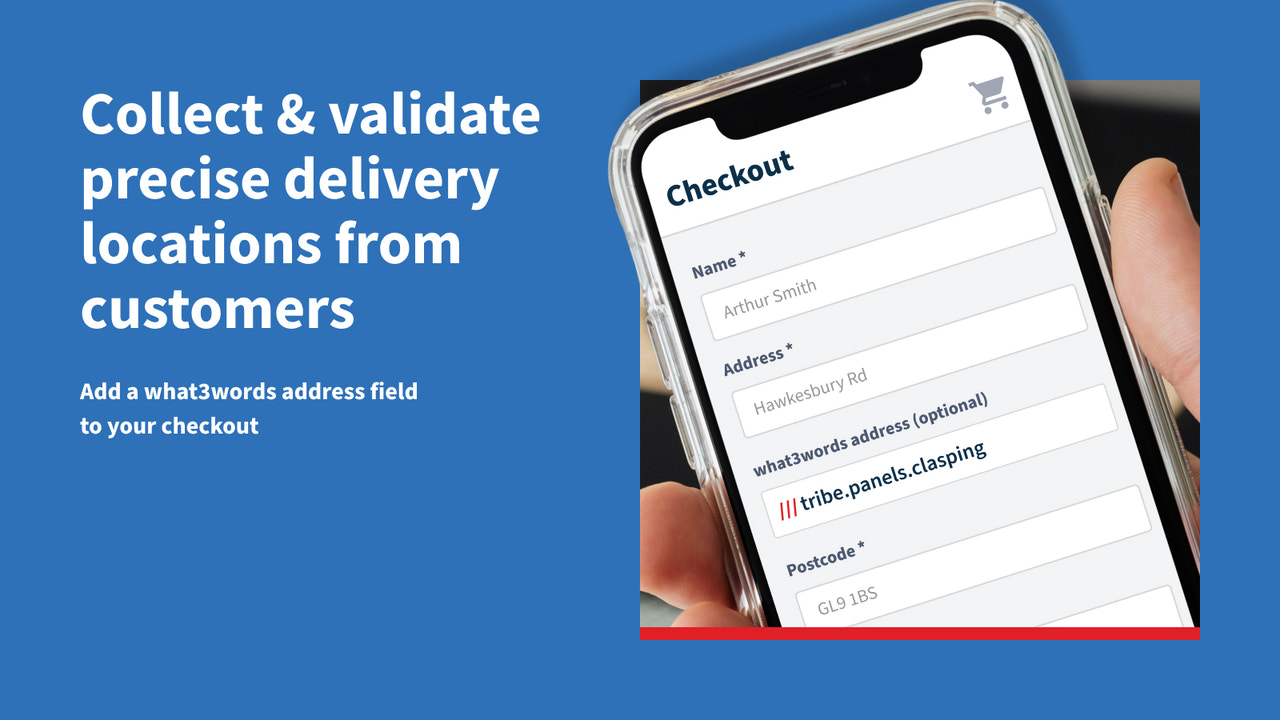 Online kasseside med et what3words adressefelt