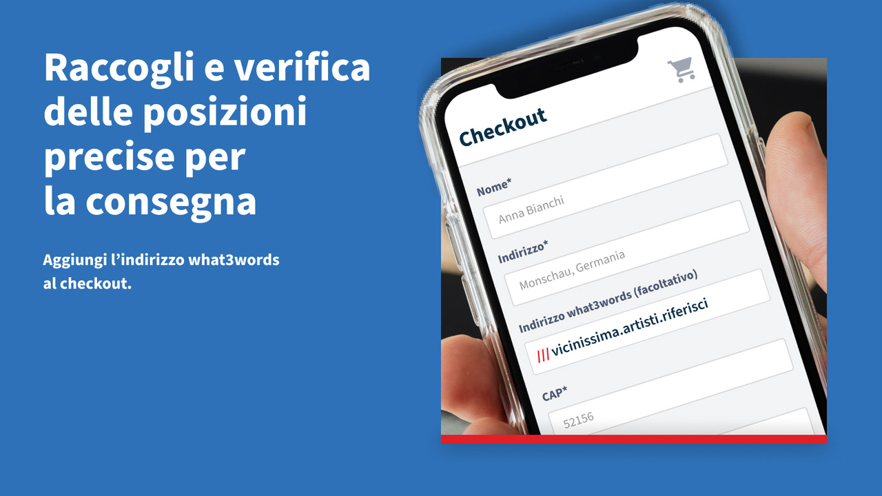 Pagina di checkout con un indirizzo what3words