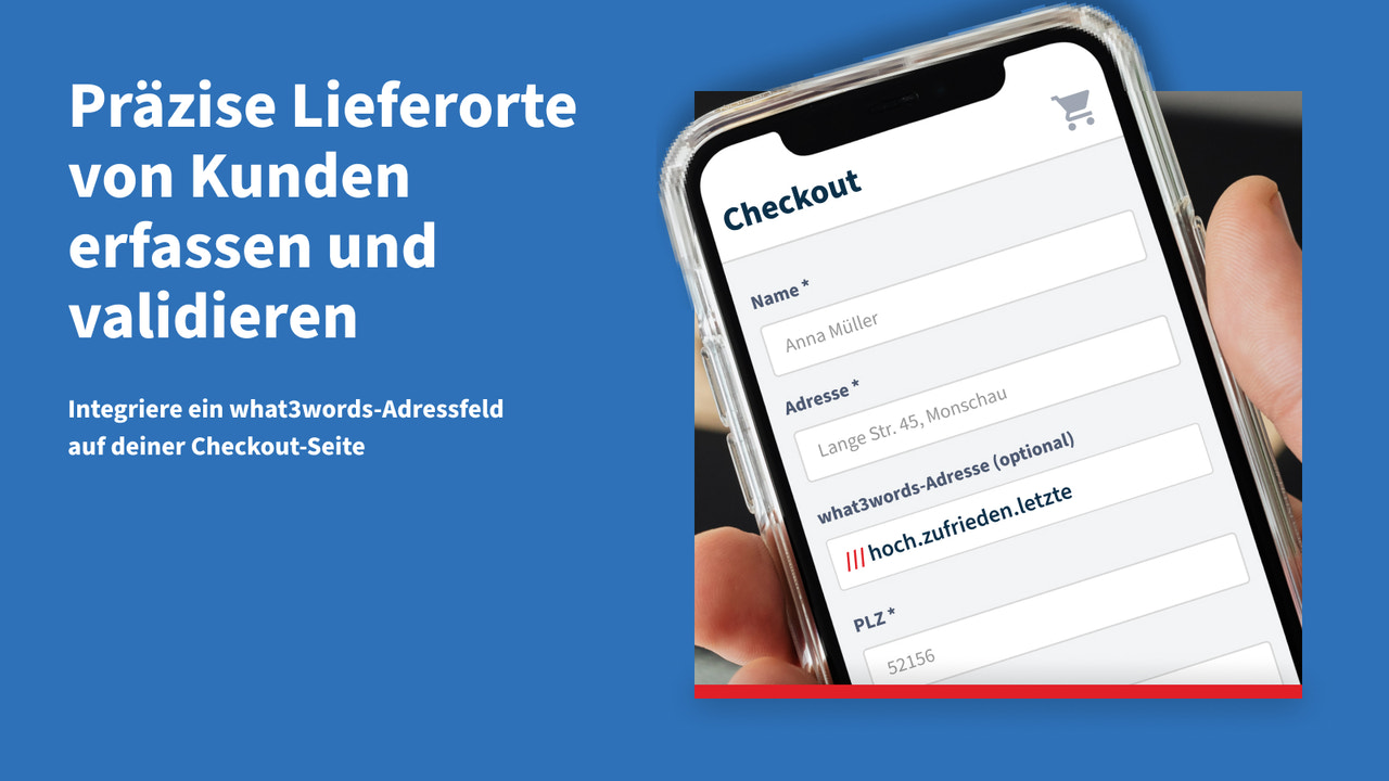 Checkout-Seite mit einem what3words-Adressfeld