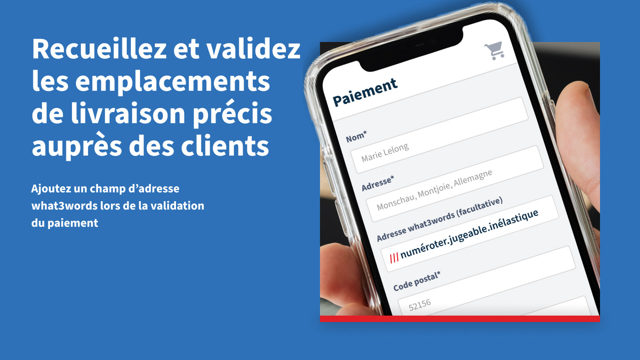 Page de paiement en ligne avec un champ d’adresse what3words