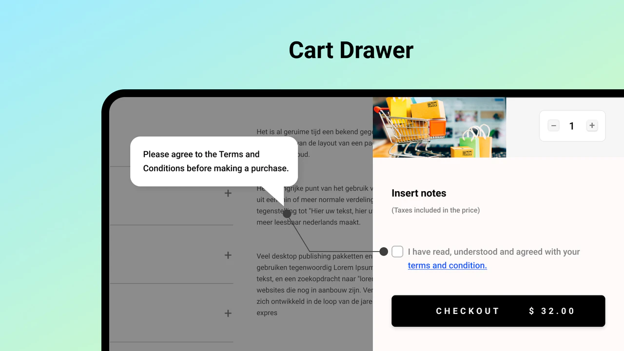 I agree to terms checkbox on the cart drawer - Tech Dignity