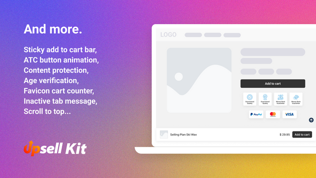 Upsell App, Sticky add to cart, trust badges, payment logos