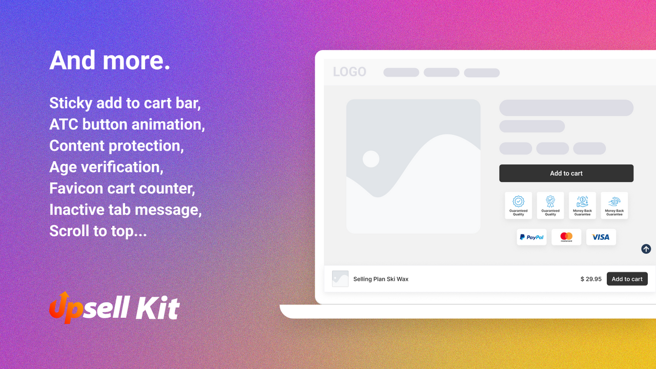Upsell App, Sticky add to cart, trust badges, payment logos
