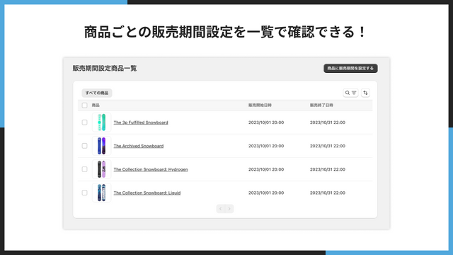 商品ごとの販売期間設定を一覧で確認できる