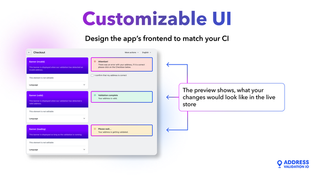 Preview of customizable address validation UI banners