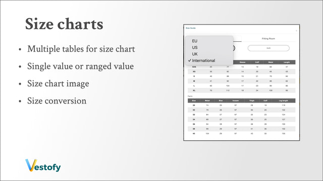 Advanced size charts and size guide