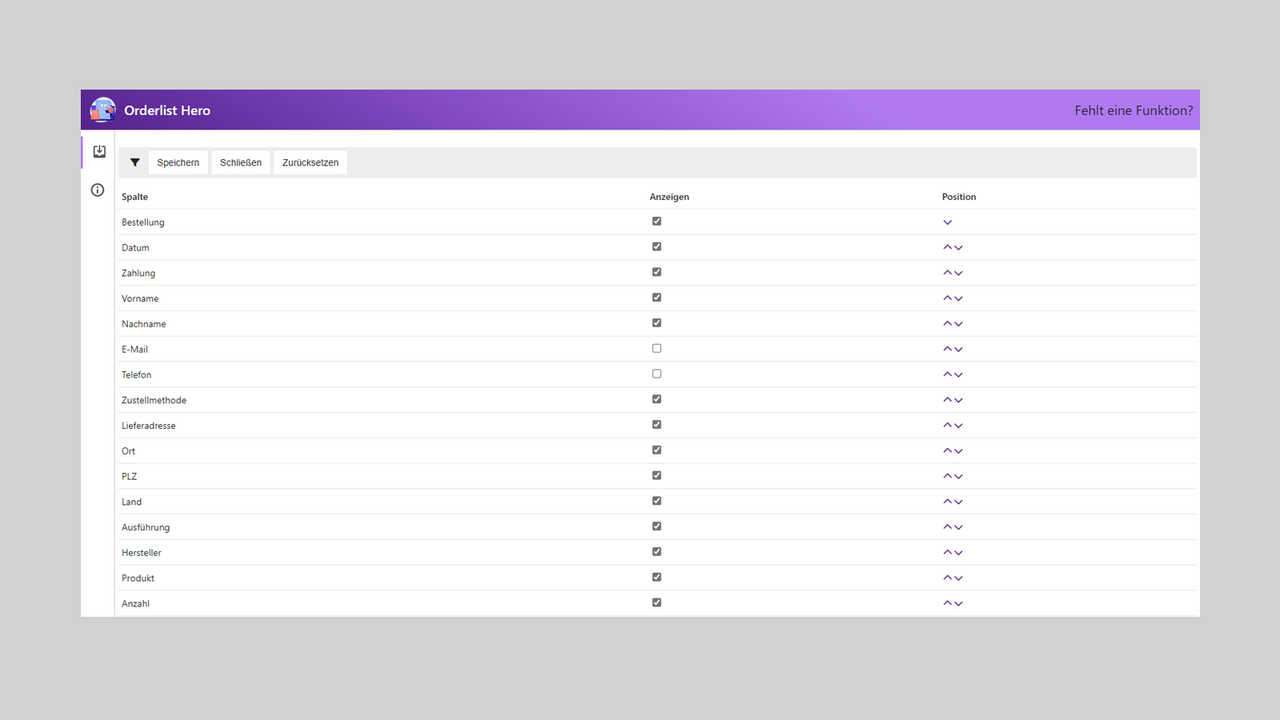 Orderlist Hero | Auswahl zusätzlicher Spalten