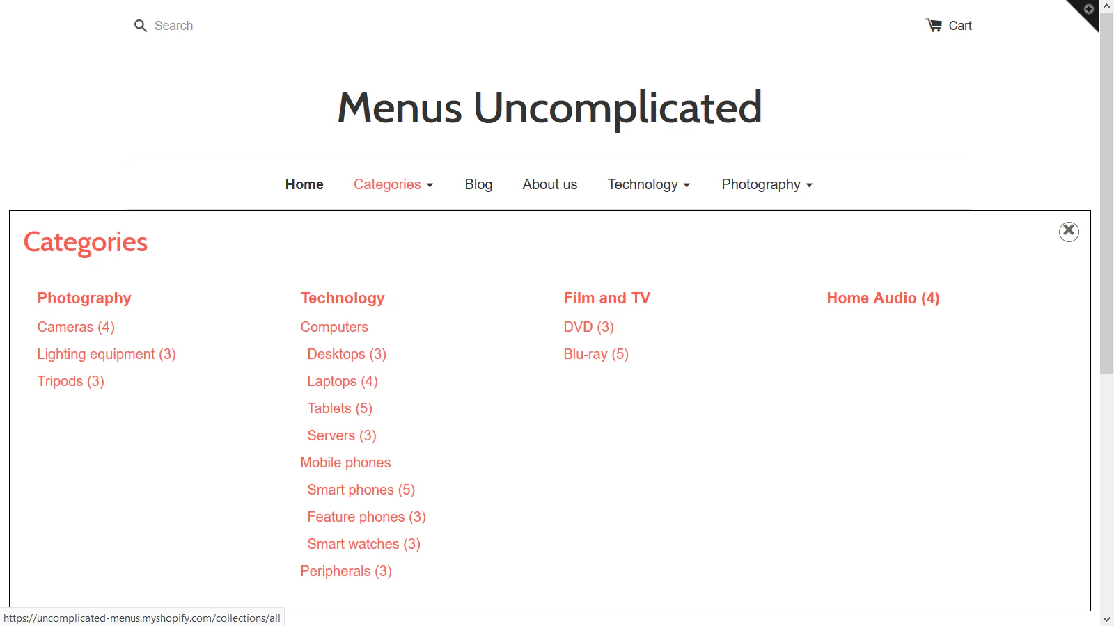 Menu de cabeçalho com categorias acionadas ao passar o mouse ou clicar